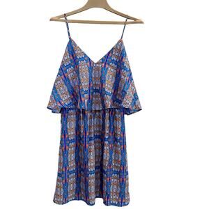 LEYDEN Womens DRESS MED Spaghetti Strap Tiered Bodice Lined V-Neck Blue White